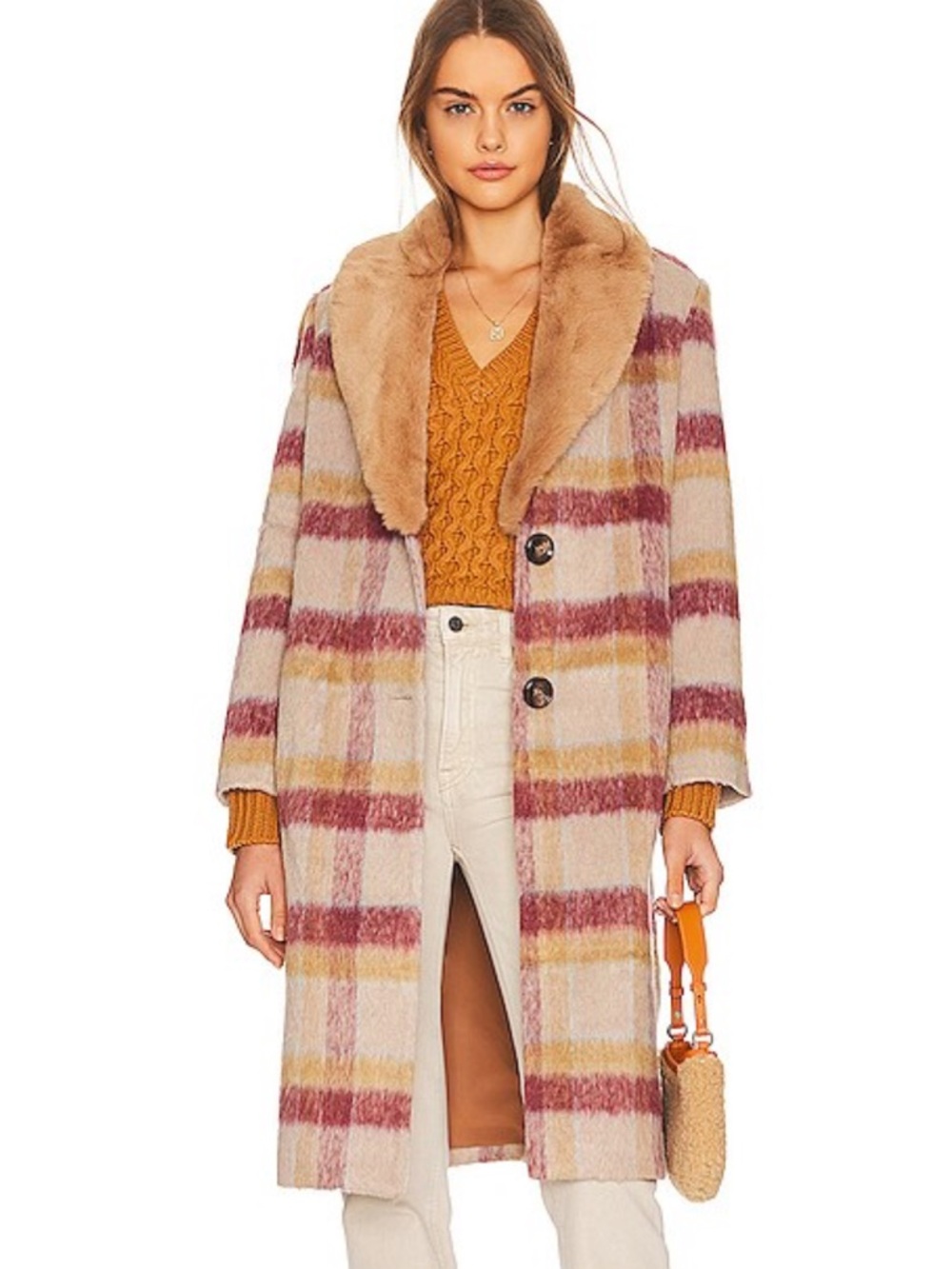 Heartloom Plaid Coat with Faux Fur Collar in Fawn and Mauve